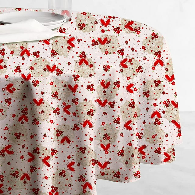 Valentines Day Table Cloth Hearts & Lace Tablecloth Easy Care Machine Washable Tablecloth for