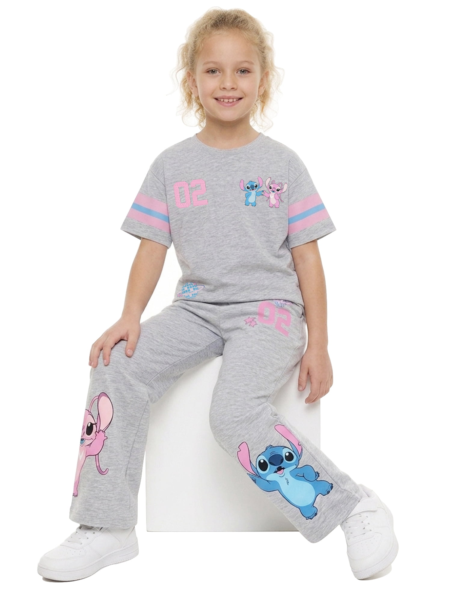 Stitch & Angel Girls' Athletic Front & Back T-shirt with Embroidery & Straight Leg Fleece Pants, 2-Piece, Sizes 4-16