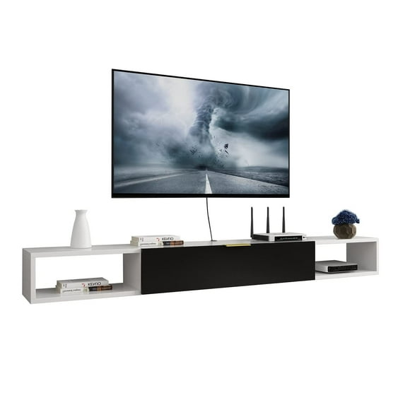 Repisa Flotante Slim O Mesa Tv Moderna Blanca 1 Puerta Negra Muebleria Liz Muebleria liz Minimalista