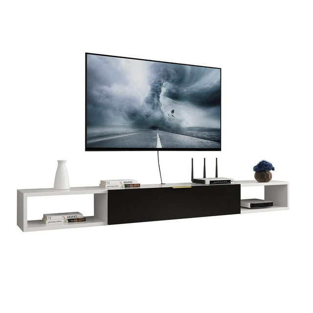 Repisa Flotante Slim O Mesa Tv Moderna Blanca 1 Puerta Negra Muebleria Liz Muebleria liz Minimalista