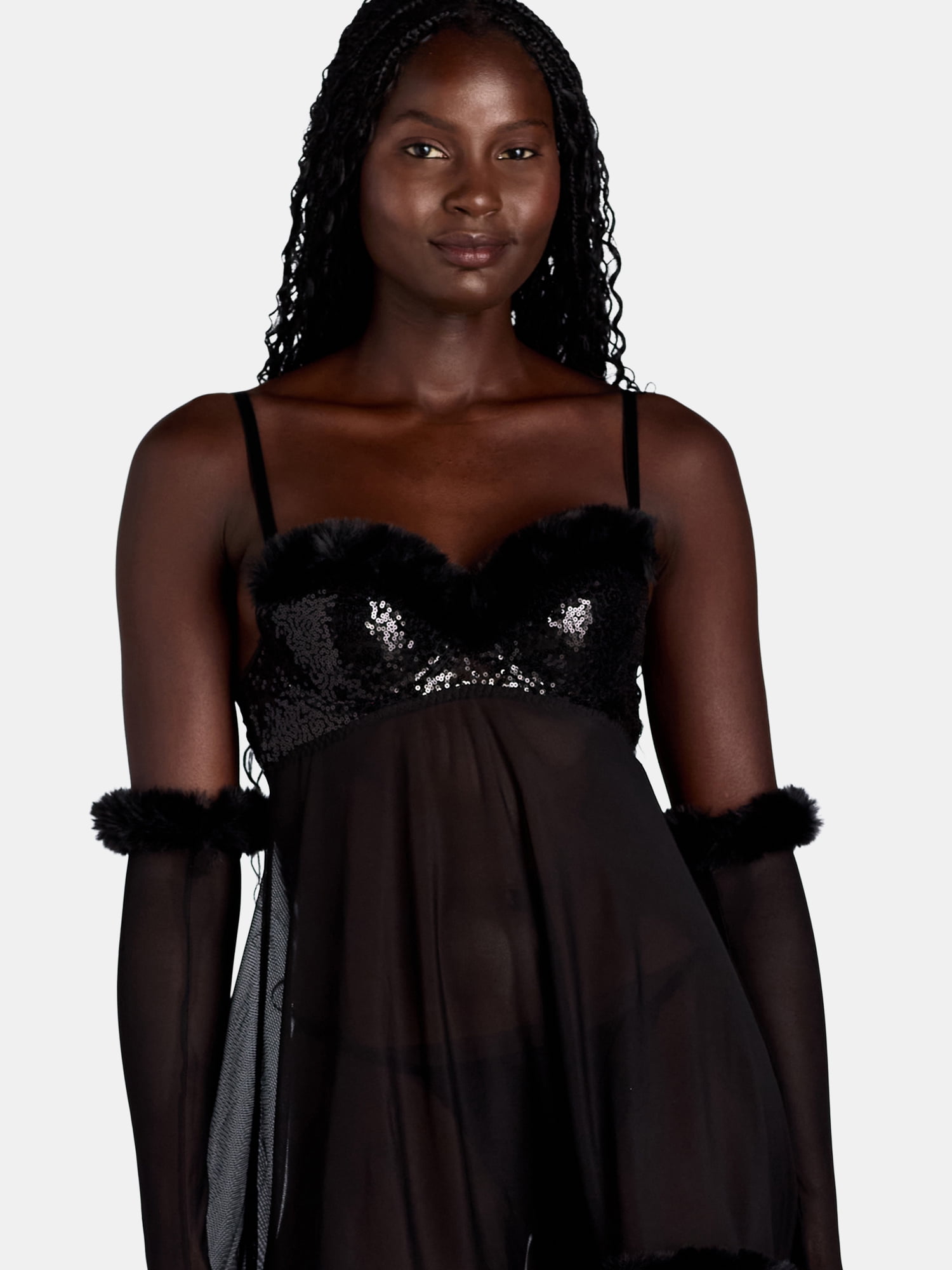 Just Sexy Lingerie Women’s Faux Fur and Sequin Babydoll Set with Gloves, 3-Piece, Sizes S-XL
