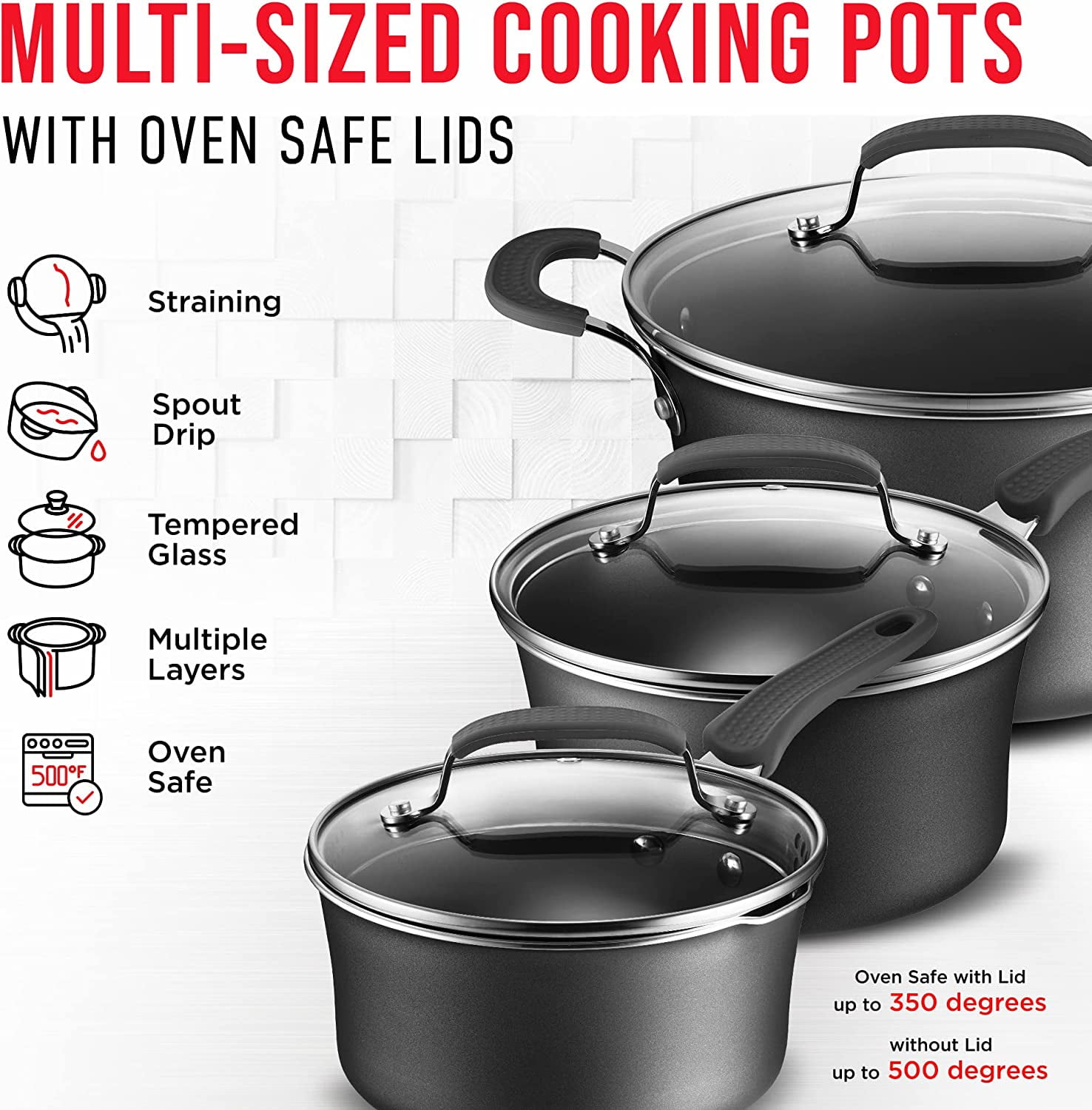Bakken- Swiss Pots and Pans Set – 14 Piece – Non-Stick Professional Home Kitchenware – Cooking Pots with Lids – Suitable for Gas, Electric, Ceramic and Induction Counter Cooktops - Black