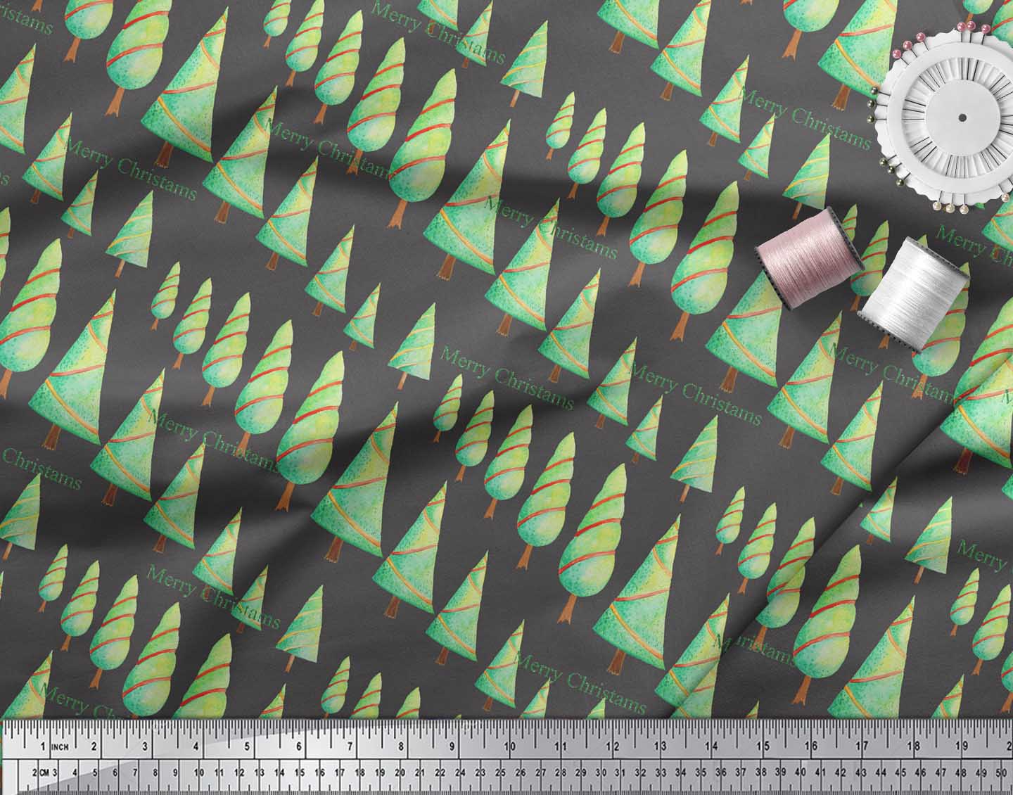 Soimoi Gray Heavy Satin Fabric Text & Christmas Tree Print Sewing Fabric Yard 54 Inch Wide