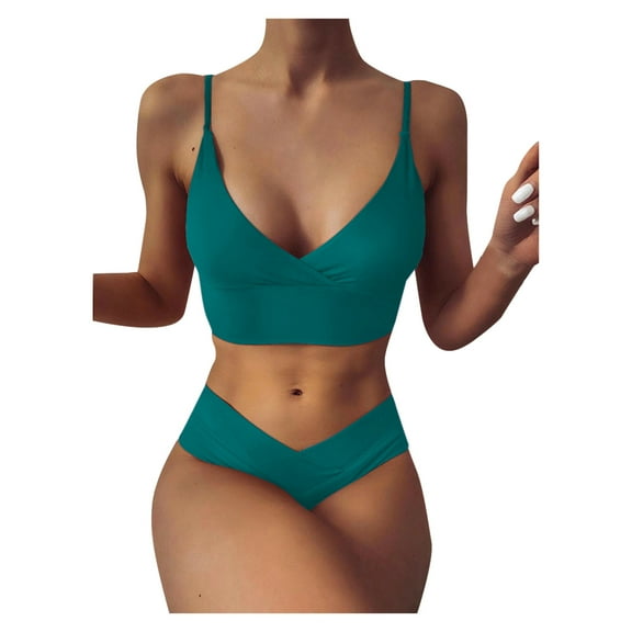 QLEICOM Womens Swimsuits Tummy Control Plus Size Swimsuit Coverup Bandeau Bandage Bikini Set Push-Up Brazilian Swimwear Beachwear Swimsuit Green L