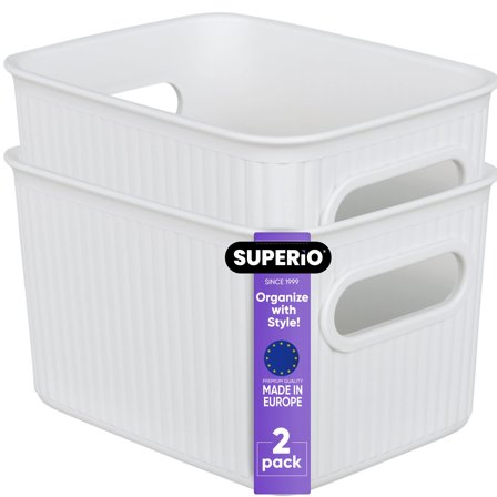 Superio 1.5 L Mini Ribbed Storage Bin- Plastic Storage Basket (White, 2 Pack)