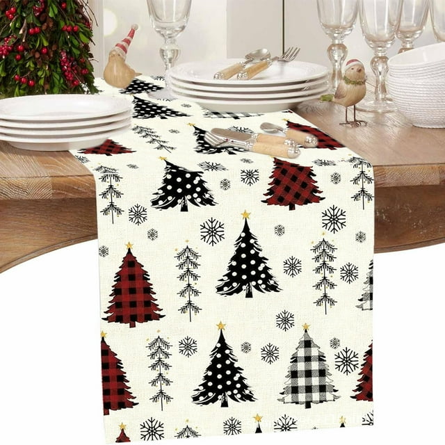 Chemin de Table de Noël Multicolore, Tissu Polyester Durable avec Flocons de Neige et Arbres Festifs, Parfait pour les Repas de Vacances et les Décorations Intérieures et Extérieures, 33 x 183 cm