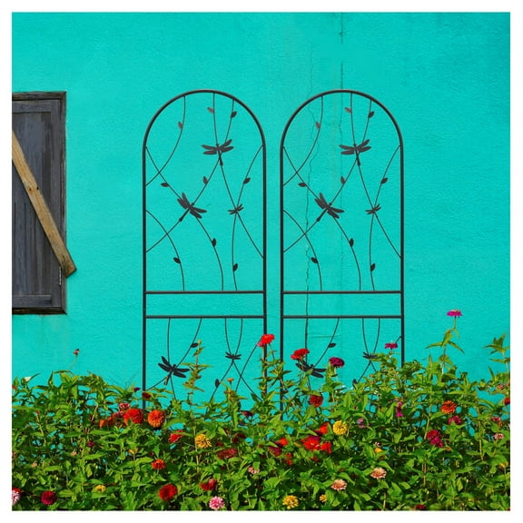 Metal Garden Trellis 2 Pack - 71" x 19.7" Rustproof Plant Trellis - Outdoor Climbing Flower Support for Vines, Roses, Clematis - Black Dragonfly Decor