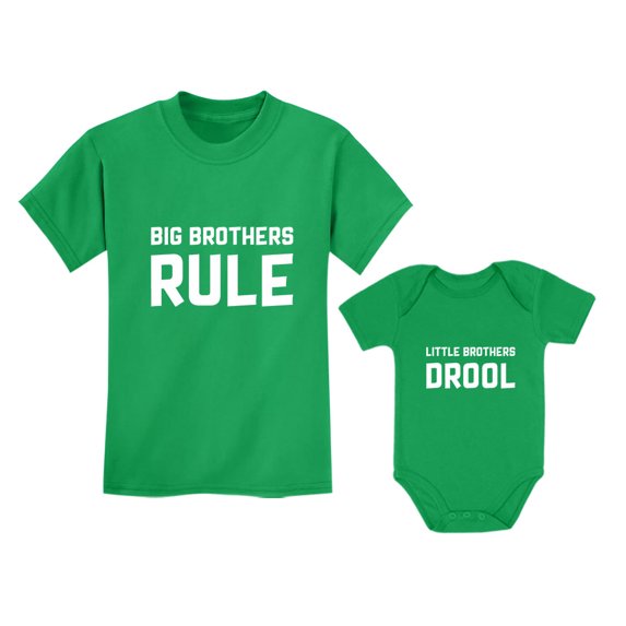 Big Brothers Rule Little Brothers Drool Boys Set Siblings Gift Shirt & Bodysuit Big Bro Green 4T / Lil Bro Green NB (0-3M)