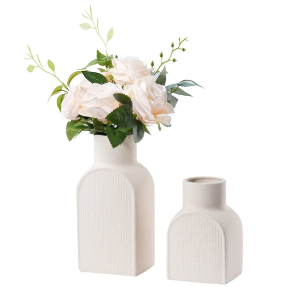 2 Pcs Ribbed Vases, 8.7"/6.02" Tall Minimalist Ceramic Vases, Modern Square Vases, Nordic Vases, Decorative Vases for Living Room Bedroom Office