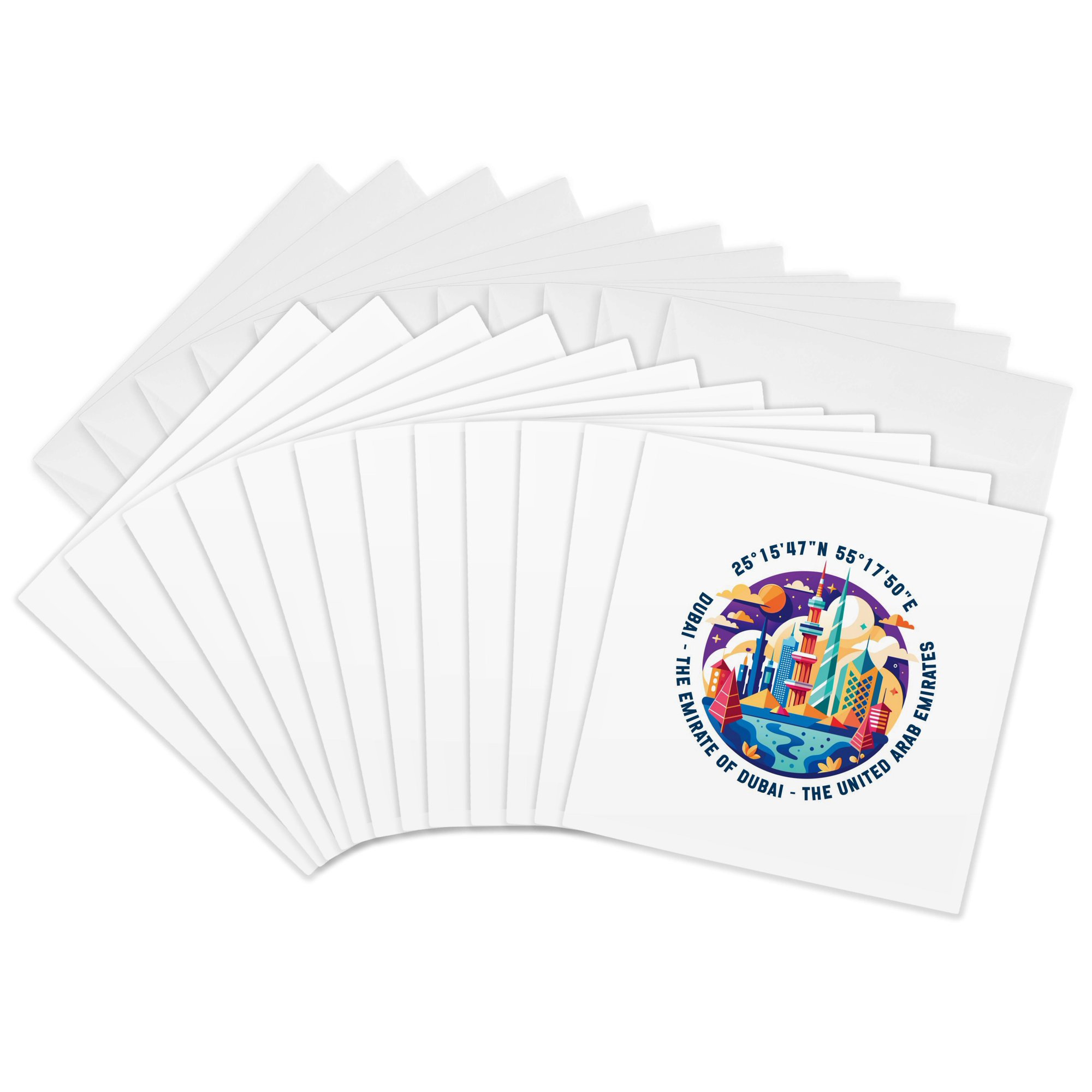 3drose, Dubai, the United Arab Emirates, Cityscape, Coordinates. Travel Gift, 12 Greeting Cards with Envelopes