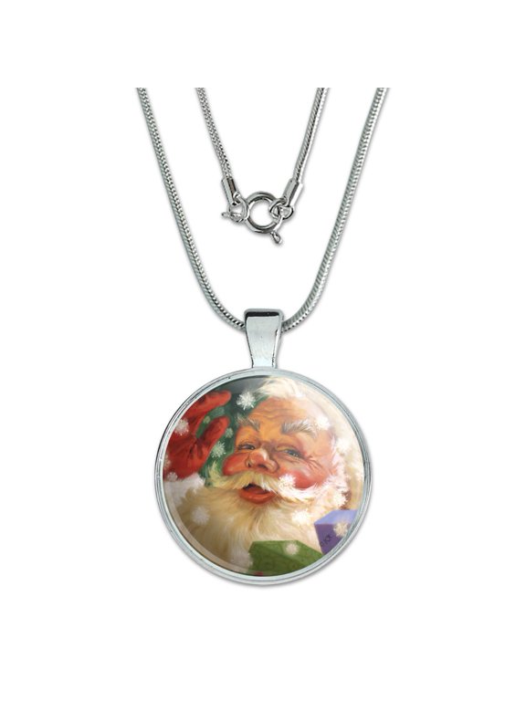 Christmas Holiday Hello Santa Claus 1" Pendant with Sterling Silver Plated Chain