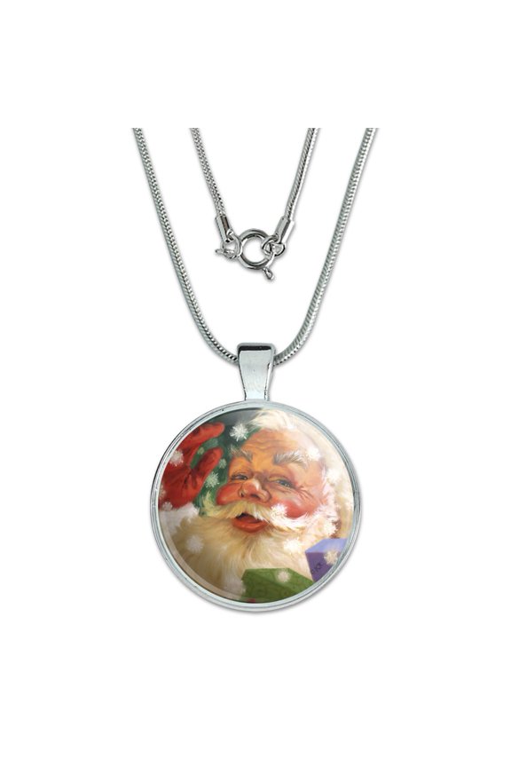 Christmas Holiday Hello Santa Claus 1" Pendant with Sterling Silver Plated Chain