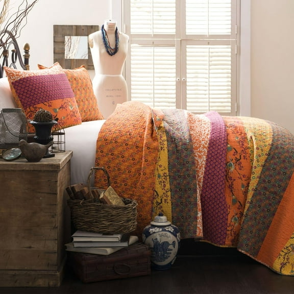Royal Empire Reversible Cotton Quilt Set, Size Tangerine Striped Boho Bedding