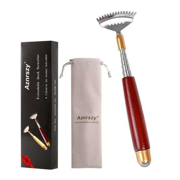 Back Scratcher with Wood Handle/ Massage Roller/ Wide Head, Manual Portable Telescoping Stainless Steel Back Scratcher Massager for Women Men or Pets