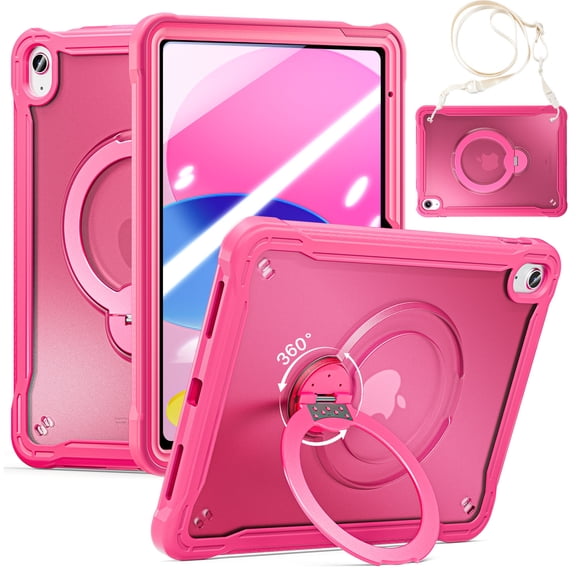 ELEHOLD Rugged Case For Apple iPad 11th(A16)2025/ 10th Gen 2022 11-inch With Built-in Screen Protector, Shockproof 360° Rotating Hand Grip Stand Matte Protective Cover With Strap,Rose