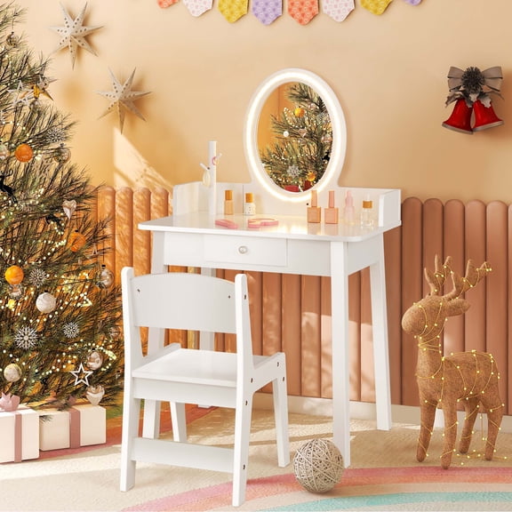 Costway Kids Vanity Set with Lighted Mirror Chair 2-Color LED Lighting for Girls Makeup White
