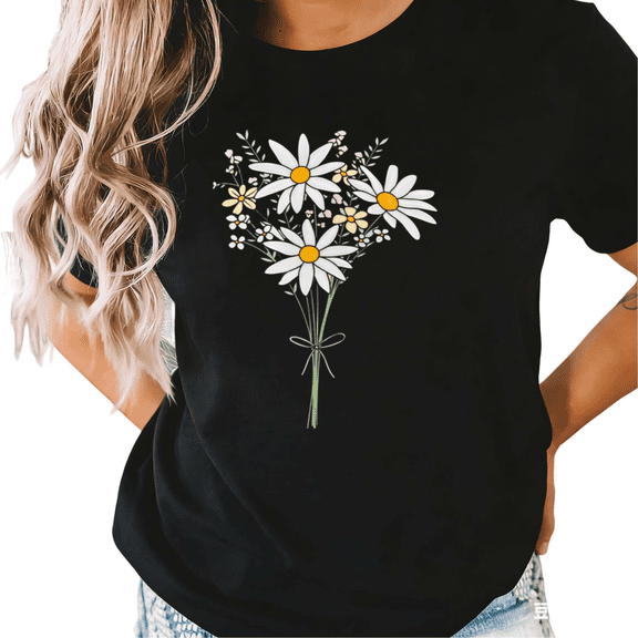 Black S-5XL Kawaii Daisy Bouquet Print Tshirt Graphic Tees Shirts Summer Floral Fashion Tops