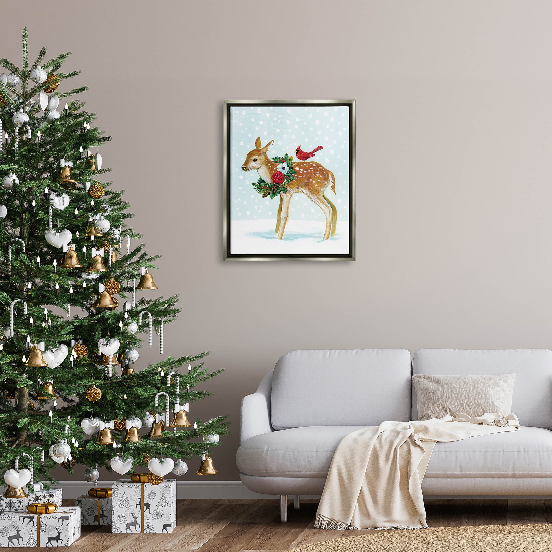 Stupell Industries Snowy Deer Holiday Cardinal Graphic Art Luster Gray Floating Framed Canvas Print Wall Art, Design by Laura Marr