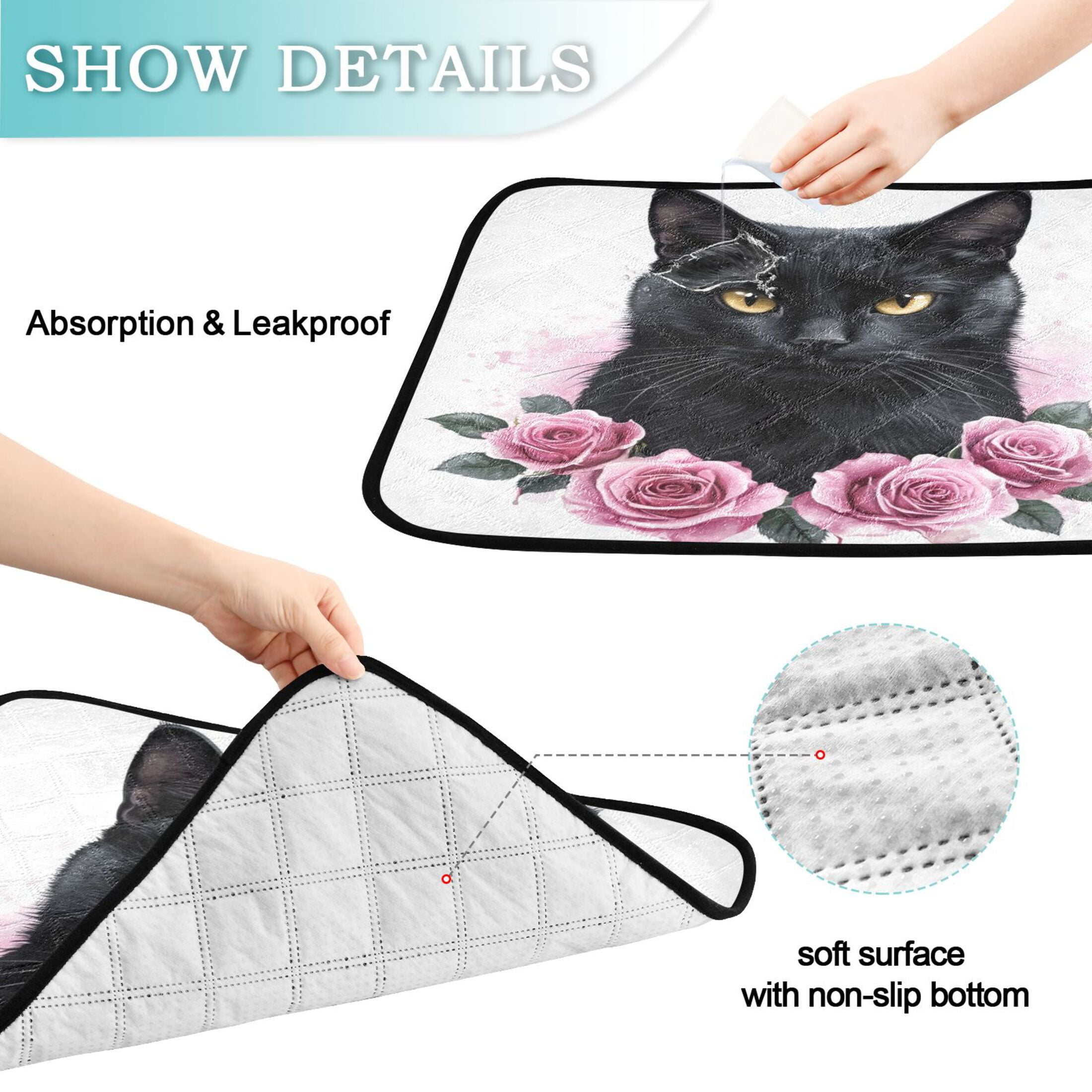 Qxltty Black Cat with Pink Roses Cat litter Pads Pet Set of 3 Diaper Mats Center Anti-leakage Layer Absorbent Soft and Comfortable