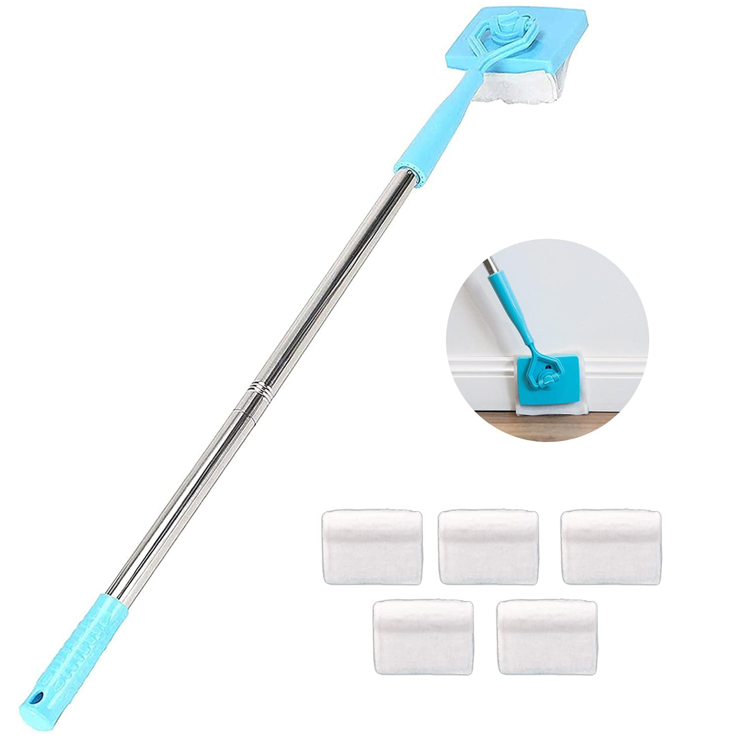 Baseboard Cleaner Tool with Handle, 5 Reusable Cleaning Pads, No-Bending Mop Baseboard Cleaner Tool Long Handle Adjustable Baseboard Molding Tool for Bathroom Microfiber Cleaning