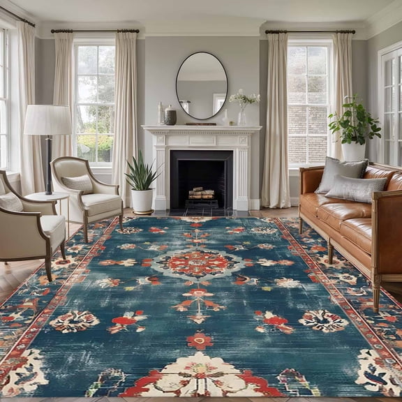 Rectangle Area Rugs 5 x 7 Ft, Middle Century Non-Slip Residential Carpet, Vintage Bohemia Abstract Texture Art Blue Indoor Crawling Mats Runner Rugs for Living Room/Dining Room/Bedroom