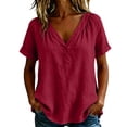 thumbnail image 2 of IUYRTFE Women's V-Neck Short Sleeve Cotton Linen Blouse Relaxed Fit Casual Summer Top with Button Detail, 2 of 8