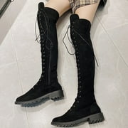Honeeladyy Women's Over The Knee Thigh High Boots Lace up Flat Boot Long Riding Boots #R