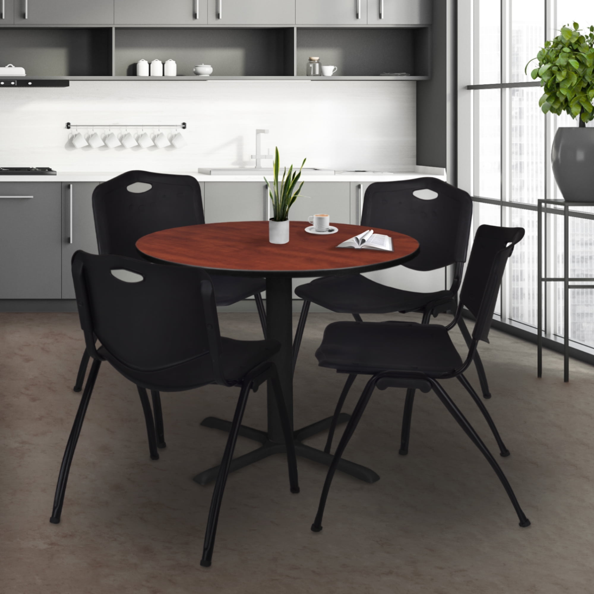 Regency Cain 36 in. Round X-Base Breakroom Table- Cherry & 4 M Stack Chairs- Black