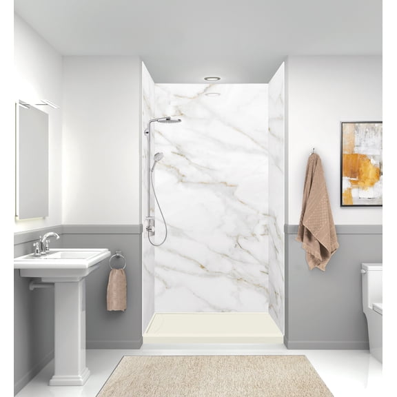 Transolid FSL4834L-02 48-in x 34-in Cast Solid Surface Low Profile Shower Base with Linear Concealed Left Hand Drain, Cameo