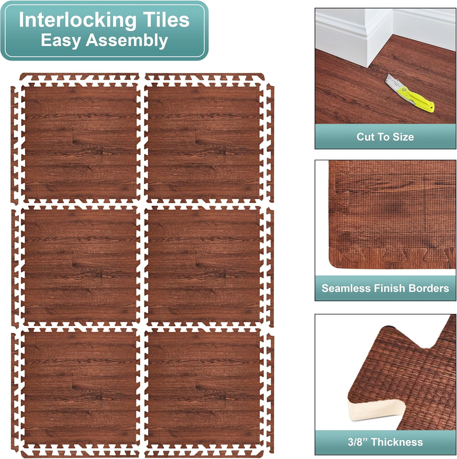 ARVAKOR Wood Grain Puzzle Mat 1/2-in, 24 Tiles EVA Foam Interlocking Floor Tiles (96SQ FT) for Secure Indoor Room Workout Flooring and Playmat