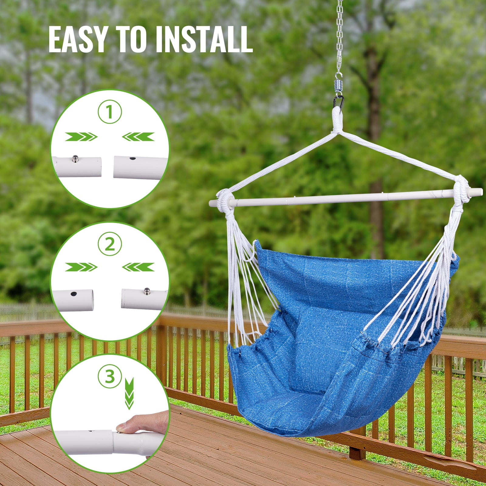 Backyard Expressions Hammock Chair Hanging Rope Swing Chair, 2 Pillows, Anti Slip Steel Spreader Bar