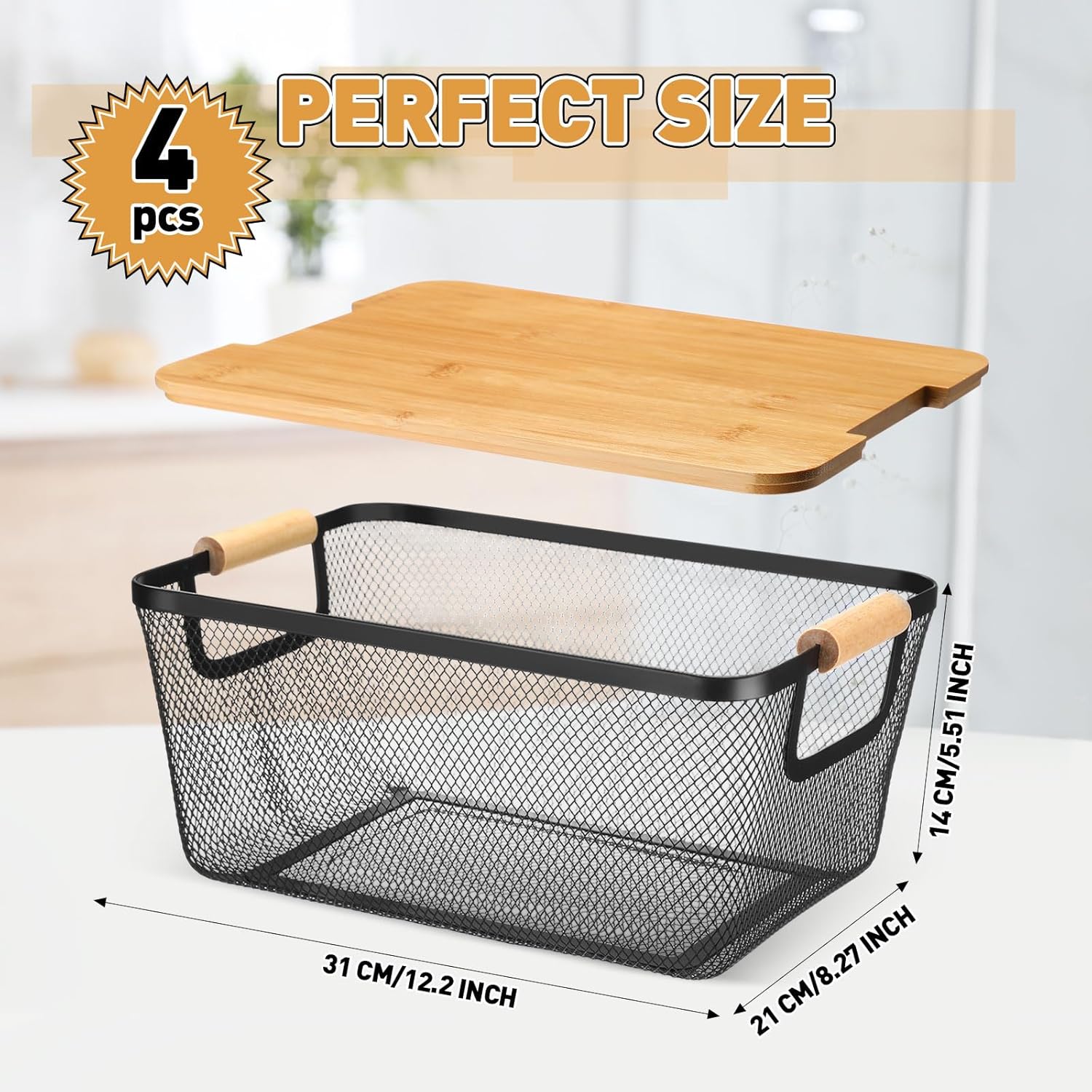 4 Pcs Metal Wire Basket with Wooden Handles and Bamboo Lids 12.2 x 8.27 x 5.51" Mesh Steel Basket Stackable Storage Bins Organizer Containers for Vegetables Fruit Home Cabinet Pantry(Black)