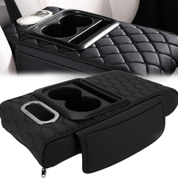 5-in-1 Car Armrest Cushion, Multifunctional Heightening Pad Microfiber Leather , Built-in Tissue Box& Cup Holder & Phone Storage Slot & Side Pockets