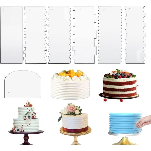 Acrylic Cake Scraper Set 7Pc - Icing Smoother, Frosting Comb, Edger 9.5 Inch