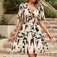 thumbnail image 4 of QUYUON Cocktail Dresses for Women Evening Party Knee Length Dresses Summer Casual Printed Puffy Short Sleeve V-Neck Beach Sundress Elastic Waist Pleated A-Line Wedding Dress Style D-3456 Beige L, 4 of 4