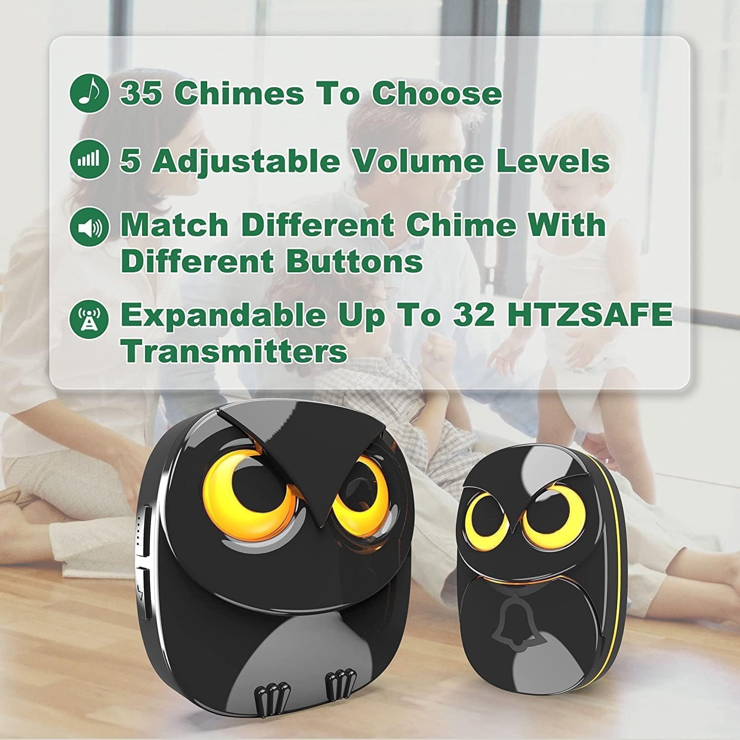 Wireless doorbell, cute owl doorbell, weatherproof IP55 outdoor remote control button
