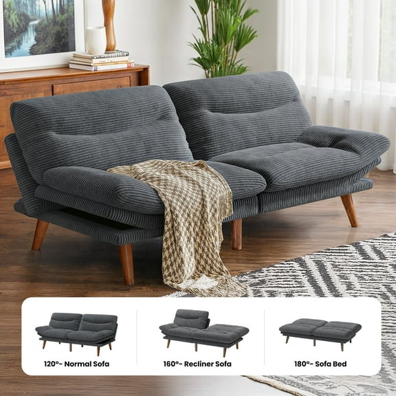 CHITOOMA 75" Corduroy Futon Sofa Bed, Gray Convertible Couch with Adjustable Backrest and 6-Level Armrests, Comfy Sleeper Sofa for Living Room, Apartment, or Office