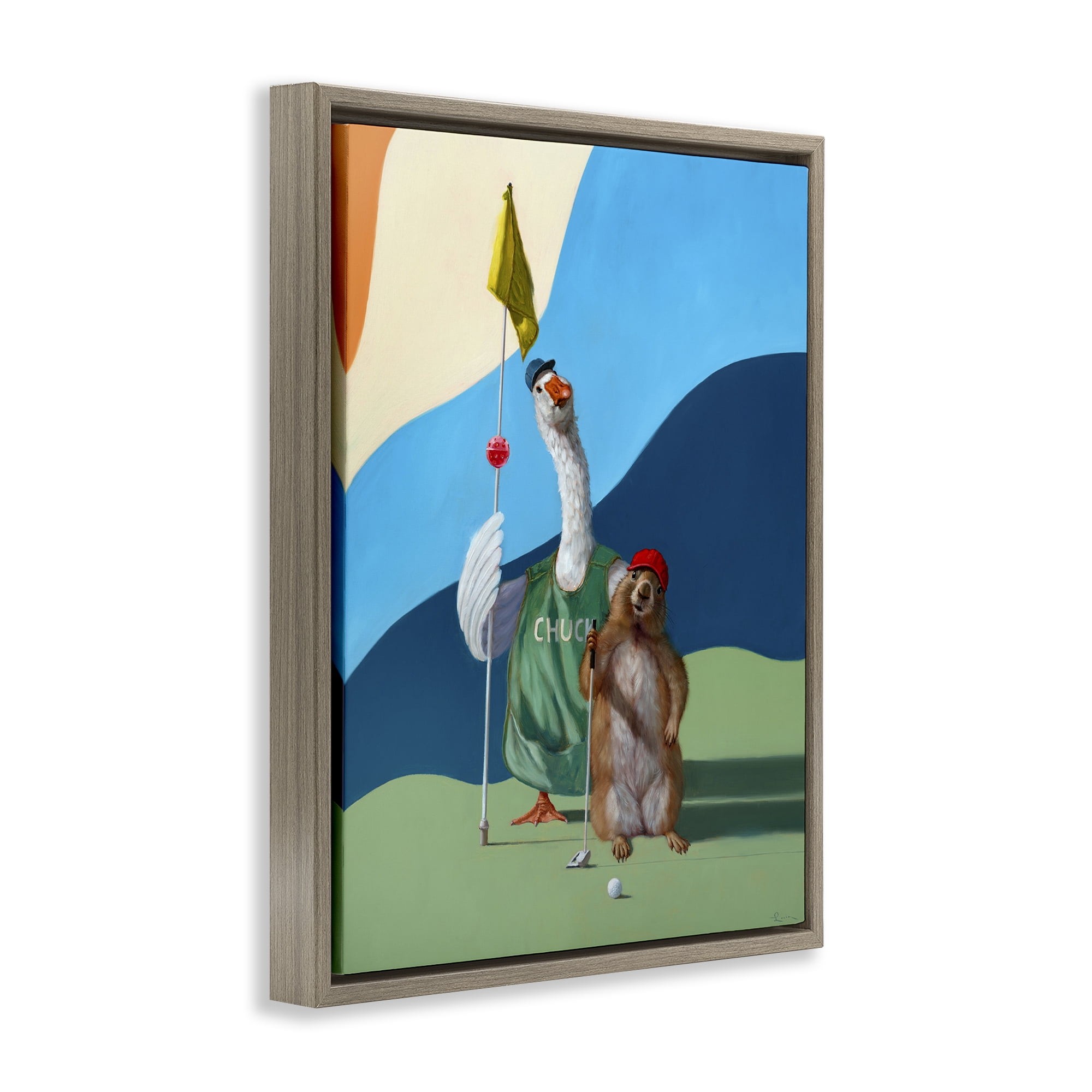 Stupell Industries Golfing Goose & Gopher Sports Painting Brown Floater Framed Canvas Art Print Wall Art, 17 x 21