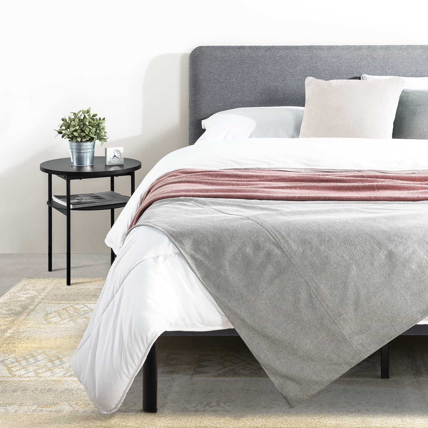 Mellow Kert Metal Platform Bed with Fabric Headboard and Rounded Legs, Classic Grey, Full