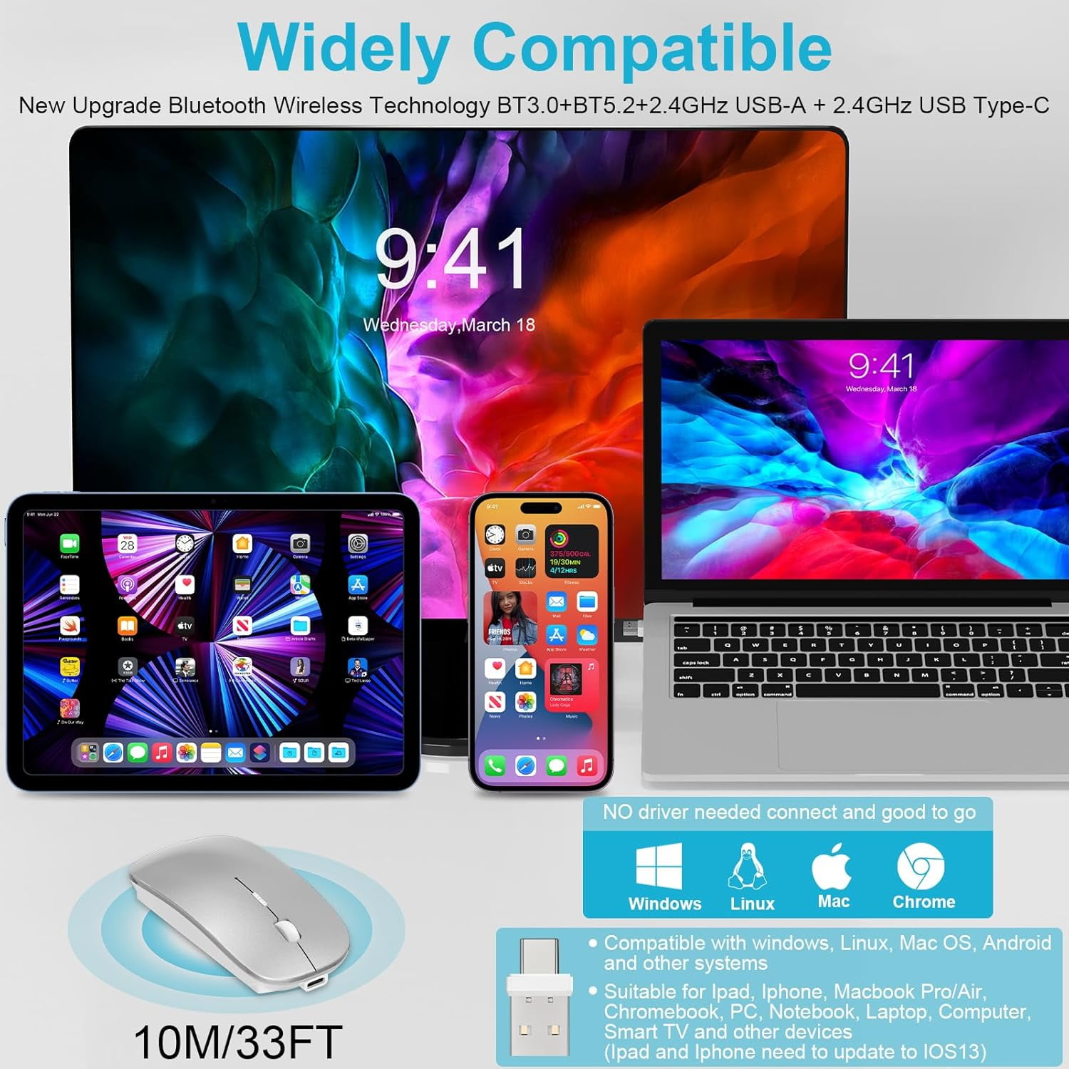 Mouse for MacBook Wireless Bluetooth Laptop Air Mac Pro Rechargeable Silent PC iPad Optical with Dual Mode Switch 5.2/3.0 and 2.4GHz USB Type-C Receiver Rose Gold