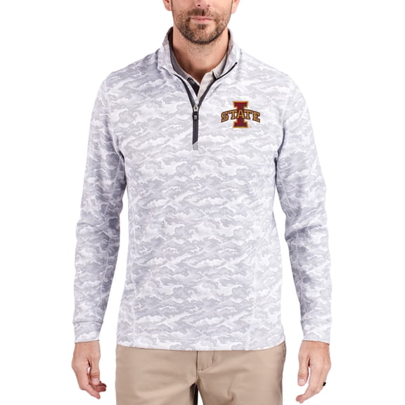 Men's-Cutter & Buck  Gray Iowa State Cyclones Traverse Stretch Eco Camo DryTec Tri-Blend Quarter-Zip Pullover