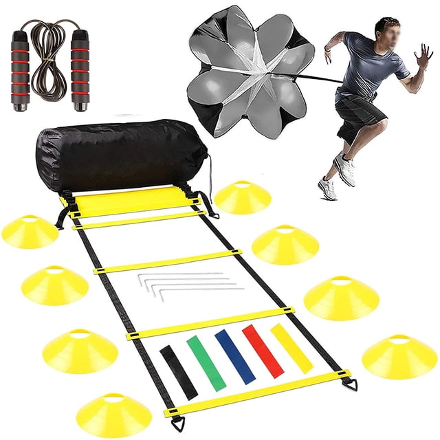 Juego de equipo de entrenamiento de velocidad de escalera de agilidad deportiva, 8 conos y paracaídas de resistencia de 16 peldaños, cuerda para saltar, 5 bandas de resistencia para fútbol, fútbol, co Namotu CZYD-ZC19