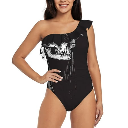 Uemuo Gothic Skull Drape Print Women s One Piece Swimsuit Asymmetrical Neck Bathing Suit One Shoulder Side Cutout Ruffle Swimwear-X-Large