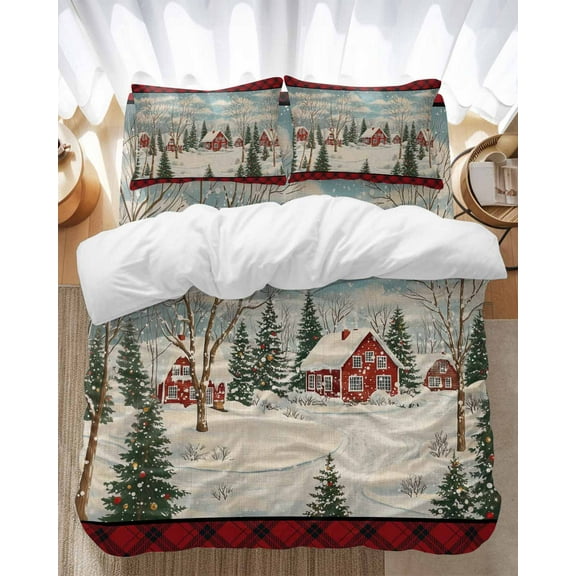Christmas Bedding Duvet Cover Set Full Size 4 Pieces Winter Country House Holly Snow Red Stripes Bedding Set with Zipper Closure, 1 Comforter Cover 86x86 Inches 1 Flat Sheet & 2 Pillow Cases
