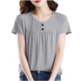 thumbnail image 2 of YueHuiYing Women's Solid Color Ruched Button Crew Neck Short Sleeve Top For Casual Fashion Daily Wear And Weekend Errands, 2 of 5