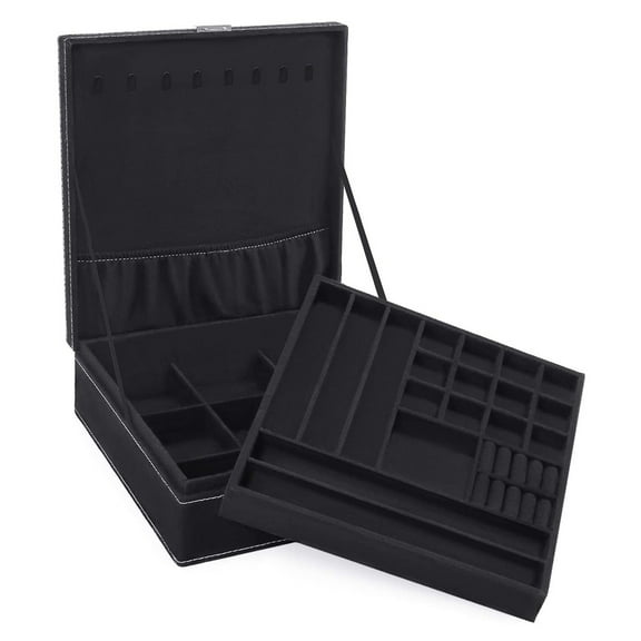 Mosiso Jewelry Box, Jewelry Storage Case Organizer Stackable for Girl Women Velvet Necklace Earring Bracelet Ring Watch Brooch Holder with Double Layer Lockable Display , Black