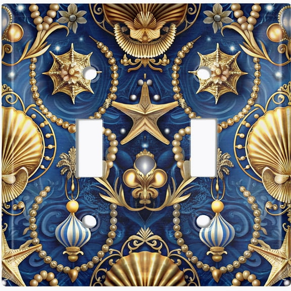 Metal Light Switch Wall Plate Outlet Cover (Gold Pearls and Ocean Theme - Double Toggle)