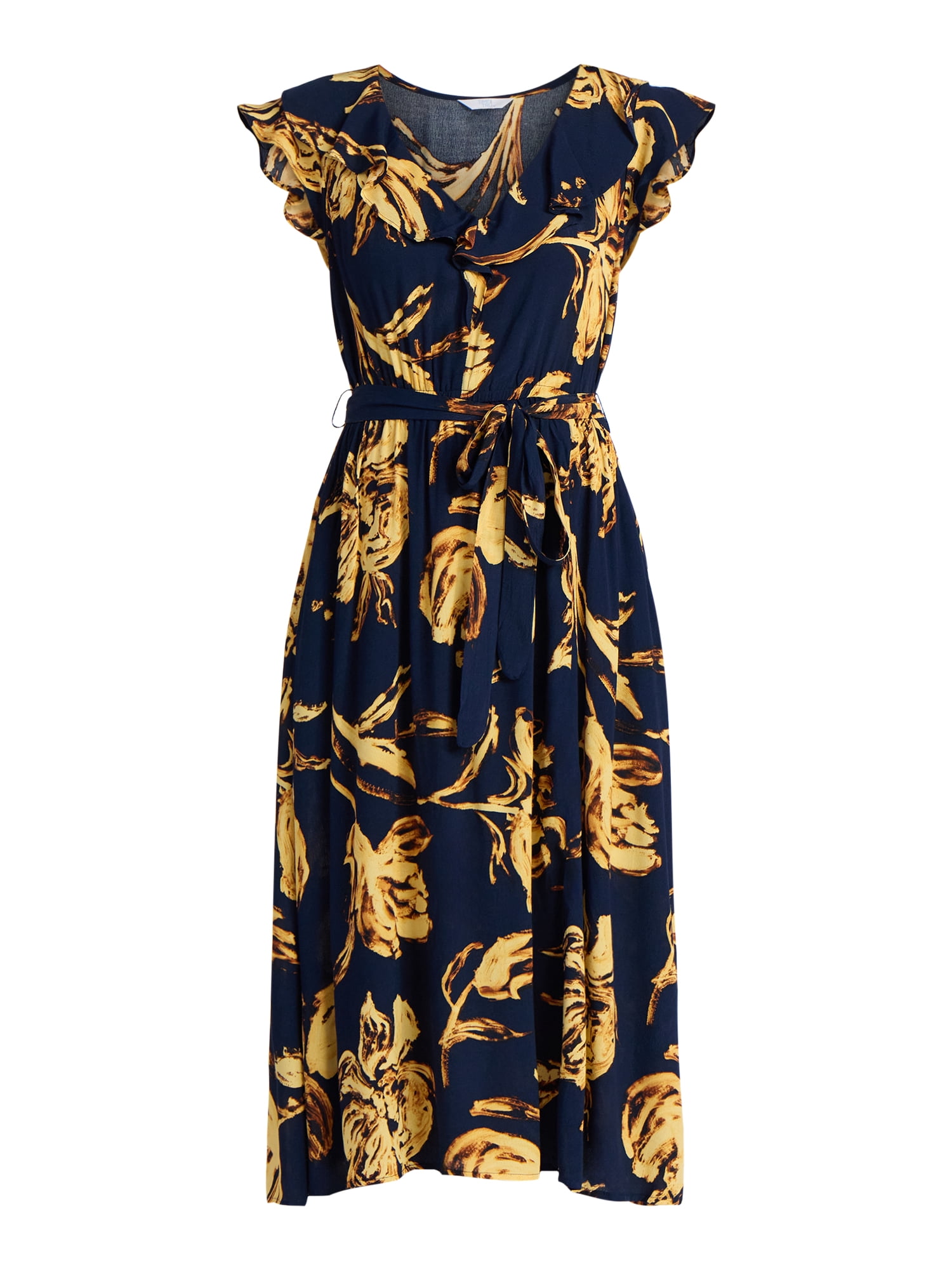 Time and Tru Women's and Women's Plus Ruffle Midi Dress with Flutter Sleeves, Sizes XS-4X