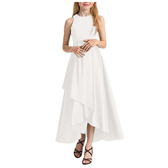 felwors Girls Sleeveless Party Dresses Tween Girls Satin Trendy Pageant Bridesmaid Wedding Guest Gown Irregular Ruffle Hem White, 8-10 Years