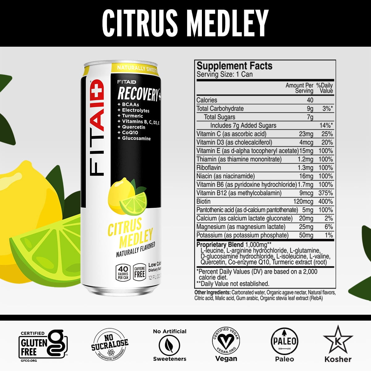 FITAID Recovery Blend, Citrus Medley, BCAAs, Glucosamine, Electrolytes, Omega-3s, 100% Clean, Paleo, Vegan & Gluten-Free, No Sucralose, 12-oz. cans (Pack of 24)